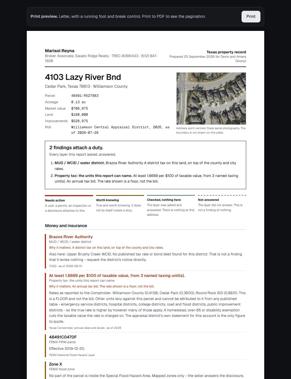 The print sheet: a paper document with a masthead, a verdict box, and findings in ranked order.