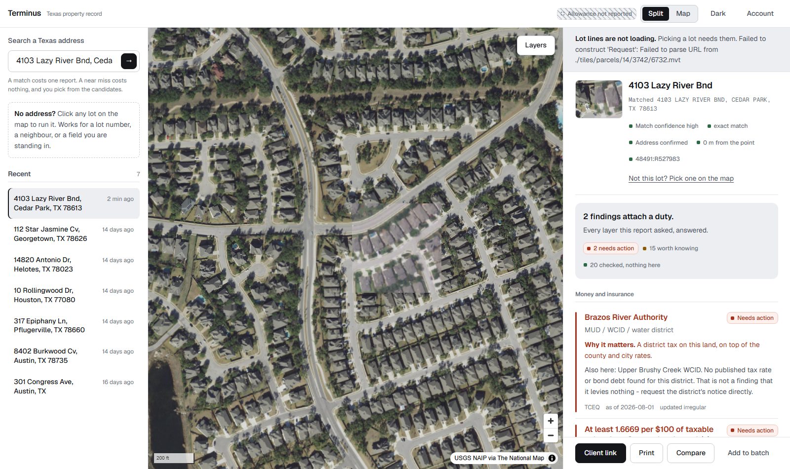The workspace: an aerial map with lot lines, one lot outlined in orange, and a findings panel beside it.